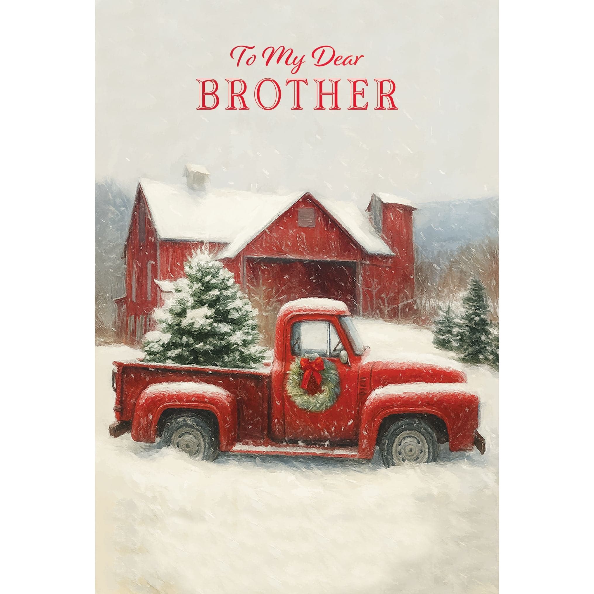 Red truck in snow Christmas card by Pictura featuring a festive winter scene with a classic red truck and holiday decorations.